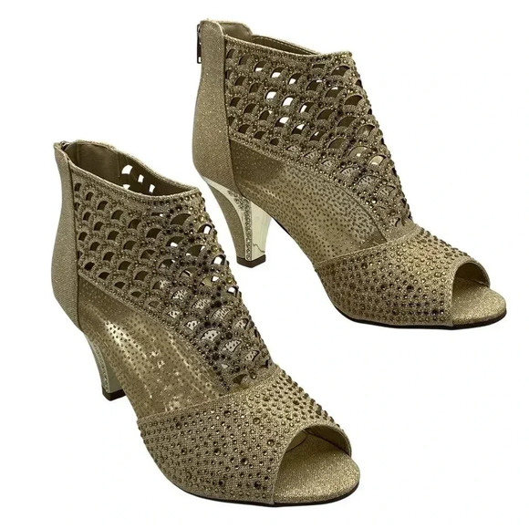 Pierre Dumas Womens 9M Gold Peep Toe Anklet Booties Rhinestones Zipper Closure - Picture 2 of 16